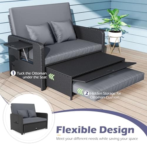 Tangkula Patio Rattan Daybed with 4-Level Adjustable Backrest, Outdoor PE Wicker Loveseat with Storage Ottoman & Folding Side Tray, Double Sunbed Lounger for Balcony, Backyard & Poolside (Grey) — view 3