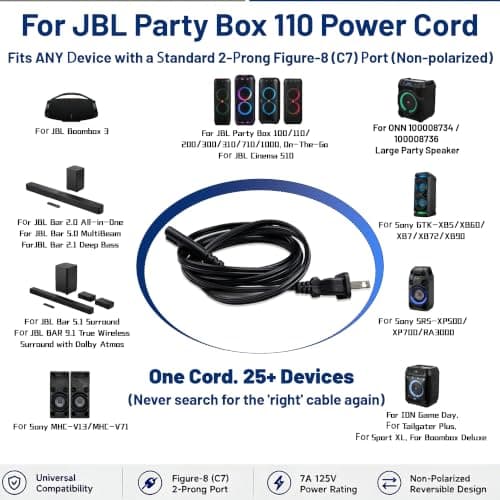 for JBL PartyBox 110 Charger Power Cord: 2 Prong AC Cable for Speaker — view 3
