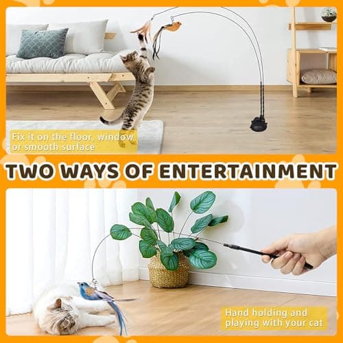 Cat Feather Toys, 12 PCS Cat Toys with 2 Slots Super Suction Cup, Detachable 2PCS Cat Wand Toys and 9 PCS Feather Replacements with Bell, Interactive Cat Toy Kitten Toys for Indoor Play Chase Exercise — view 5