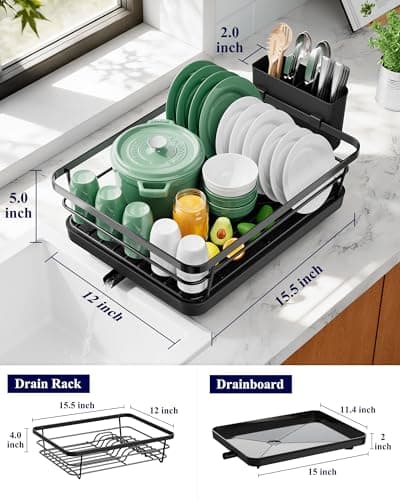 Kitsure Dish Drying Rack for Kitchen Counter, Stainless Steel Sink Organization and Storage Essentials with Cutlery Holder, Home and Appartment Decor, 12''W x 15.5''L, Black — view 4