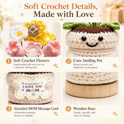 Gifts for Mom, Mothers Day Gifts for Mom from Daughter Son, Mom Birthday Gifts, Crochet Flower Pot, Handmade Knitted Sunflower Tulip, Cute Mom Gifts Desk Decor Emotional Support Gift — view 4