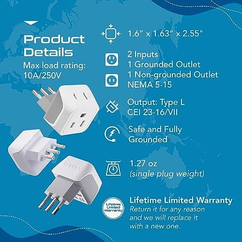 Ceptics Italy Travel Plug Adapter, Chile Plug Adapter with Dual USA Input, Compact Type L Plug Adapter, Safe Grounded Plug, Perfect for Cell Phones, Laptops, Chargers, 3 Pack - CT-12A — view 3
