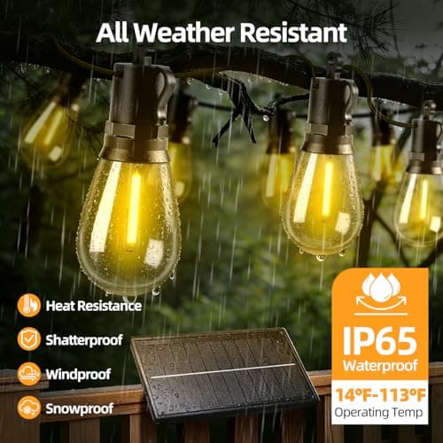 FUANXIEI Solar Lights Outdoor Patio Lights: S14 15M 50FT Solar Powered Remote Control 3 Light Modes Dimmable Solar Waterproof Light - Shatterproof Bulbs - Camping Backyard Garden Deck Outside Yard — view 3