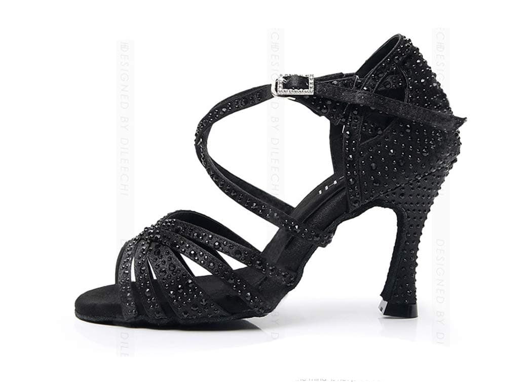MGM-Joymod Sandalias de baile moderno latino con correa cruzada para mujer, con diamantes de imitación de tango social, bailes, Tacón marrón de 9 cm. — view 2