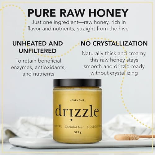 Drizzle Golden Raw Honey - Unfiltered, and Unprocessed - Rich in Nutrients and Beneficial Enzymes - Notes of Dandelion, Mint and Caramel - 100% Raw, Pure Honey - Gluten-Free, Paleo-Friendly (Pack of 2) 375g — view 4