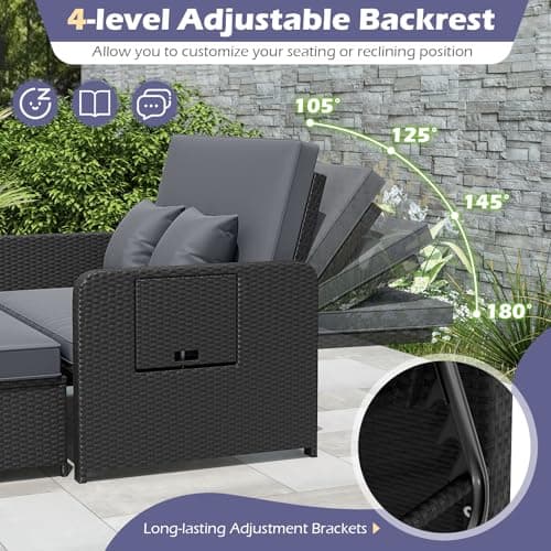 Tangkula Patio Rattan Daybed with 4-Level Adjustable Backrest, Outdoor PE Wicker Loveseat with Storage Ottoman & Folding Side Tray, Double Sunbed Lounger for Balcony, Backyard & Poolside (Grey) — view 5