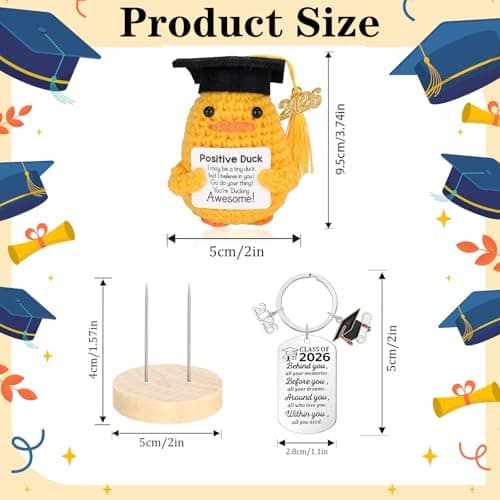 2 PCS Graduation Gifts Set Class of 2026, Inspirational Positive Duck with Keychain, Cap and Greeting Card, Cute Handmade Funny Emotional Support Pickle for Her Him High School College