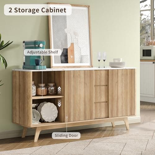 62" W Fluted Buffet Cabinet with Sliding Doors, Modern Sideboard Storage Cabinet with Power Outlet & 3 Drawers, Mid-Century Coffee Bar Table for Living Room, Dinning Room, Natural — view 4