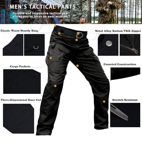 Hiwise Men's Stretch Tactical Pants Water Resistant Ripstop Cargo Pants Outdoor Lightweight EDC Work Hiking Pants (Black, 34WX32L) — view 5