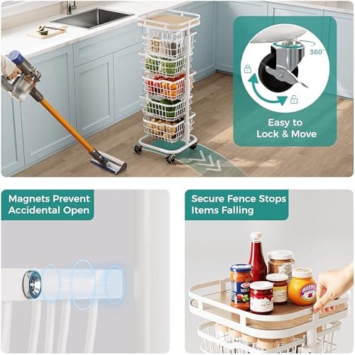 Ocyfym 5 Tier Kitchen Fruit Vegetable Storage Cart with Rotating Basket, Rolling Rack Shelf Organizer Floor Stand on Wheel for Snack Spice Produce Veggie Onion Potato Bin, Vianderos Para Cocina, White — view 4