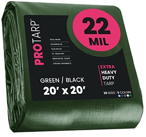 PROTARP Extreme Heavy Duty 22 Mil Tarp Cover, Waterproof, UV Resistant, Rip and Tear Proof, Poly Tarpaulin with Reinforced Edges for Roof, Camping, Patio, Pool, Boat. (Green/Black 20′ X 20′)