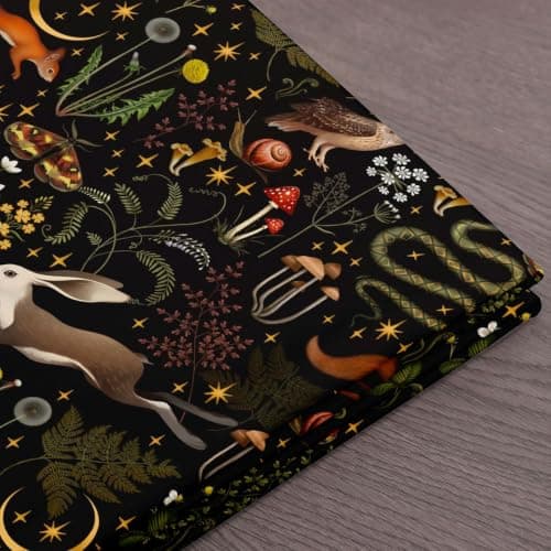 Castle Fairy Cartoon Mushroom Fabric by The Yard Cute Rabbit Owl Wild Animals for Kids Sewing Lovers Glitter Moon Stars Rustic Jungle Style Room Decor and DIY Upholstery 1 Black — view 2