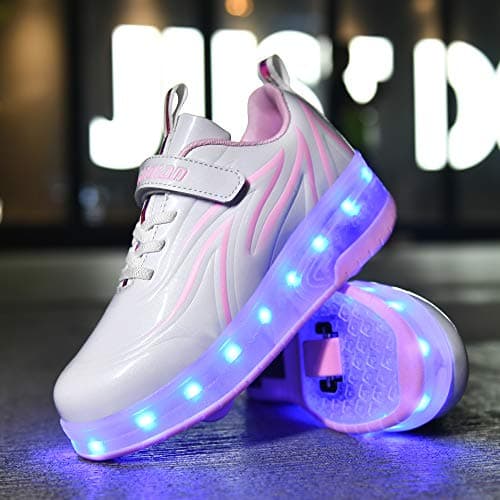 HHSTS Kids Shoes with Wheels LED Light Color Shoes Shiny Roller Skates Skate Shoes Simple Kids Gifts Boys Girls The Best Gift for Party Birthday Christmas Day(1.5 Little Kid,White Pink) — view 2