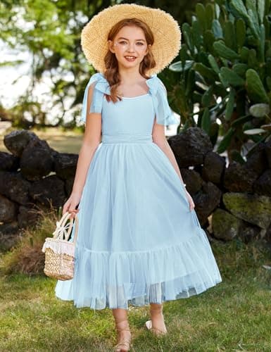 Arshiner Girls Dresses Summer Sleeveless Bow-Tie Straps Birthday Party Long Tulle Dress Light Blue Tween 9-10 Years — view 4