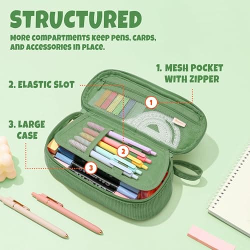 SUNEE Cute Pencil Case, Large Capacity Pencil Pouch, Soft Corduroy Pencil Bag, Big Storage Pen Organizer for Stationery, Aesthetic Zipper Pencil Box, Back to School Supplies for Teen Girls Boys, Green — view 3