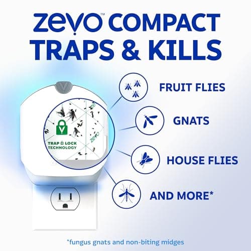 Zevo Compact Flying Insect Trap Kit with Refill Cartridges - Plug-in Indoor Bug Catcher for Gnats, House & Fruit Flies - Blue + UV Light Technology, No Odor, No Mess (1 Plug-in Device + 3 Cartridges) — view 3