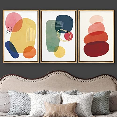 wall26 Framed Canvas Wall Art Print Set Multicolor Transparent Circle Variety Abstract Shapes Illustrations Modern Art Bohemian Colorful for Living Room, Bedroom, Office - 24"x36"x3 Natural — view 2