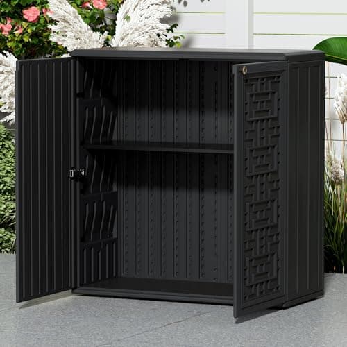 Mrosaa Outdoor Storage Cabinet Waterproof with Shelf,Resin Storage Sheds Outdoor Cabinets for tub Towels/Chemicals/Grill Items/Patio/Garden/Backyard, Size 34.3''L*15''W*36.2''H（Black） — view 2