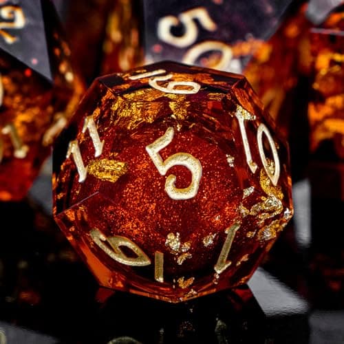 ARUOHHA Liquid Core DND Dice Set, 7pcs Resin Sharp Edged Dragons Dice Compatible with D&D Role Playing Game, Handmade RPG Golden Red Dungeons Polyhedral Dice with Gift Box, D20 D12 D10 D8 D6 — view 3