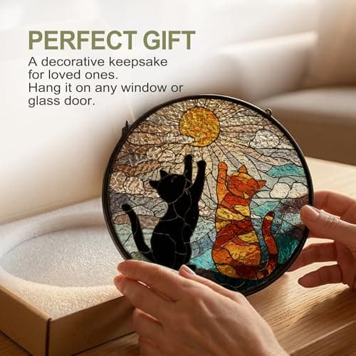 JMENGSSFL Funny Black and Orange Cat Stained Glass Window Hanging, Cat Lovers Gifts Suncatcher Sun Catchers Indoor Window, Cats Round Glass Wall Art Hanging Decor, 7.9x7.9 inch — view 3