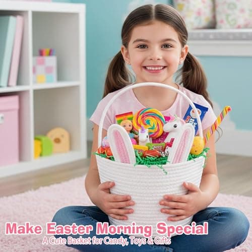 BEIYANA Easter Basket for Kids, Cute Bunny Easter Basket with Removable Ears & Writable Name Tag, Personalized Cotton Rope Woven Empty Easter Basket, First Easter Gift for Toddlers Boys Girls (Pink) — view 3