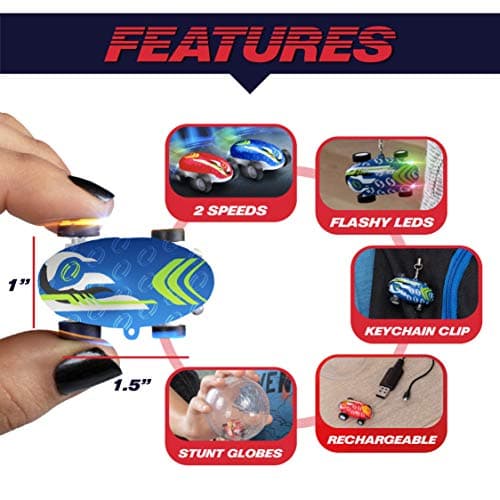 USA Toyz Whipz Duo Micro Racers Toy Cars for Kids - 2pk Mini Keychain, Glow in the Dark LED Fast Pocket Racers Fidget Toys, 2 Mini Cars with 2 Racing Stunt Balls, 2 Clips, and 2 USB Chargers