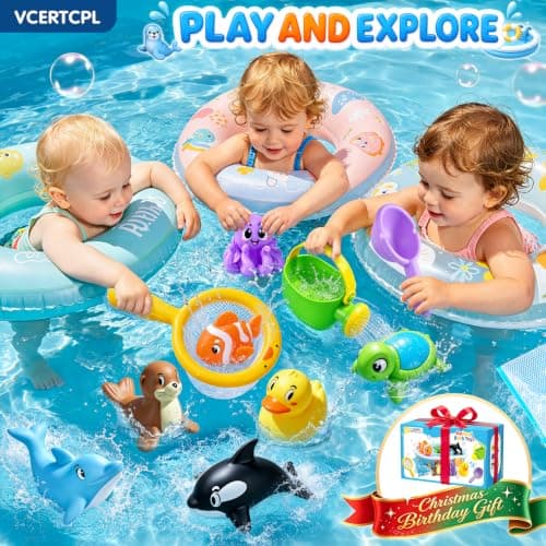 Vcertcpl Bath Toys for Kids Toddler Bathtub Toys, No Hole Baby Bath Toys with Floating Rubber Animals, Watering Can, Duck Net and Spoon, 11 Pack Bathtub Sand Beach Pool Toys Water Toys for Kids — view 6