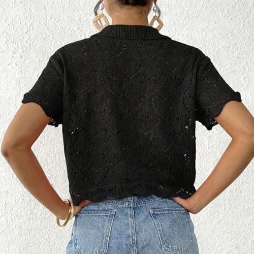 Women Crochet Knit Short Sleeve Tops Summer Lightweight Button Sweater Hollow Out Knitted Cropped Shirts(Black,Medium) — view 5
