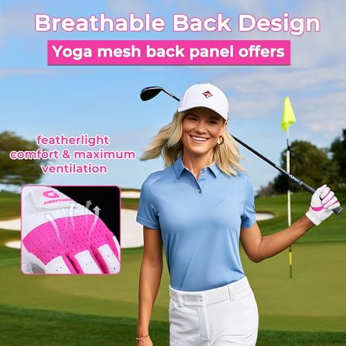 AIGEVTURE Womens Golf Gloves Left Hand Ladies Golf Gloves Breathable Yoga Mesh Back for Fashion Conscious Golfers Hot Pink M