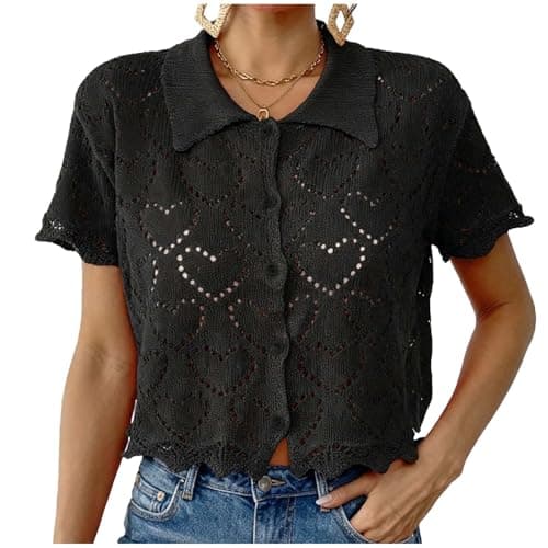 Women Crochet Knit Short Sleeve Tops Summer Lightweight Button Sweater Hollow Out Knitted Cropped Shirts(Black,Medium)