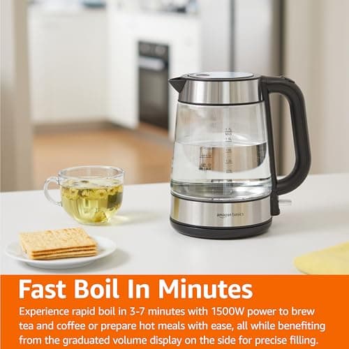 Amazon Basics Electric Kettle with Glass Carafe for Tea and Coffee, BPA-Free, Fast Boiling, Auto Shut-Off, Boil-Dry Protection, Water Level Indicator, 1.7 Liter, 1500W, Black and Silver — view 4