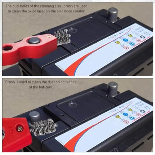 YUPIKJI 4 in 1 Car Battery Cleaning Brush, Battery Terminal Cleaner, Anti-Rust Auto Battery Cleaner with Steel Wire, Car Accessories Vehicle Machine Parts Clean Tools for Most Vehicles (Red) — view 4
