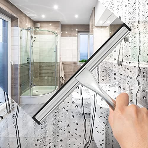 All-Purpose Stainless Steel Shower Squeegee for Shower Glass Door with 2 Adhesive Hooks, Bathroom Cleaner Tool Household Window Mirror Squeegee , Cleaning Tile Wall, Car, 10 Inch Silver — view 2