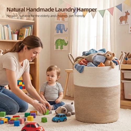 OIAHOMY Large Laundry Basket Hamper - 60L Cotton Rope Woven Basket for Blankets, Toys, Clothes - Tall Decorative Nursery Hamper with Long Handles, Brown/White — view 4