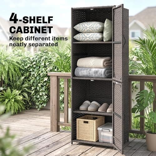 Outsunny Wicker Outdoor Storage Cabinet, 4 Shelf Patio Storage Cabinet with Adjustable Shelves, Magnetic Doors, PE Rattan Tall Towel Rack Outdoor for Pool Garden Yard, Brown — view 2