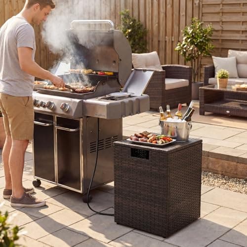 Tangkula Wicker Propane Tank Cover Table, 20 LB Gas Tank Holder Storage Box with Flip Lid & Adjustable Foot Pads, 16" Outdoor Rattan Hideaway Table for Gas Fire Pit, Grill, Griddle & Stove (Brown) — view 2