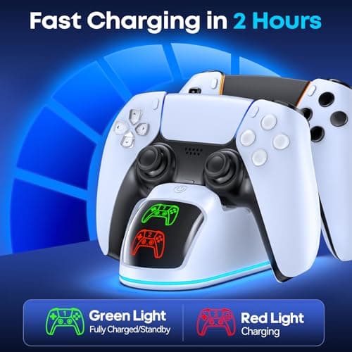 PS5 Controller Charger Station Compatible with PlayStation 5 Dualsense & Edge Controllers, RGB PS5 Controller Charging Dock Holder Stand with Fast Charge Cable for PS 5 Accessories Kits