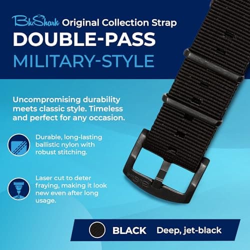 BluShark - Original Collection Military-Style Waterproof Watch Strap, Fits All Timepiece Brands, Durable Nylon Wristwatch Accessories, Black, 22mm, PVD Black Buckle