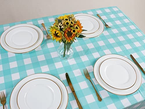 Kesfey 3 Packs Aqua and White Gingham Table Cloths 54 x 108 Inches Disposable Plastic Checkered Tablecovers Waterproof Rectangle Picnic Party Table Covers for Birthday Party Supplies Christmas — view 5