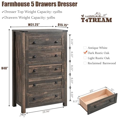 T4TREAM 48" Tall Farmhouse 5-Drawer Dresser for Bedroom, Dark Rustic Oak