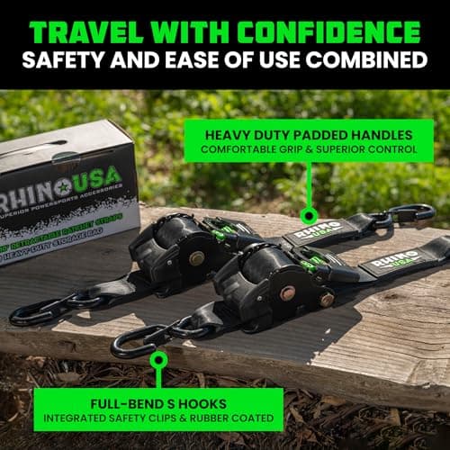 Rhino USA Retractable Ratchet Straps (4-Pack) - 2 Inch x 10 Feet (3,033lb Break Strength) - Heavy Duty Auto Self Retracting Tie Down Straps for Truck, Cargo Trailer, Motorcycle, Rad & More - Black — view 2