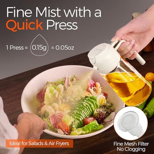 YARRAMATE 16oz/470ml Glass Olive Oil Sprayer for Cooking with Stickers, 2 in 1 Oil Dispenser for Kitchen Gadgets, Food Grade Premium Spray Bottle for Salad, Frying, BBQ (Creamy White) — view 2