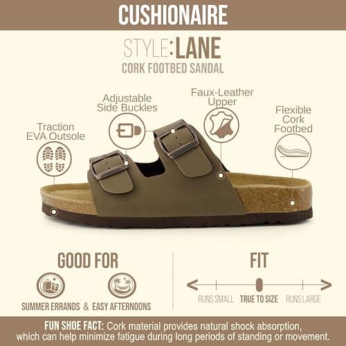 CUSHIONAIRE Lane Cork Footbed Womens Sandals Comfortable Double Buckle Slip On Sandals for Women with Arch Support and Classic Two Strap Design, BROWN 8 — view 3