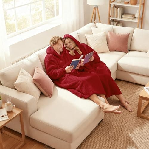 PJGGZ Wearable Blanket Hoodie for Women Men, Fleece Warm Comfy Hooded Sweatshirt with Pockets & Sleeves Cozy Gift for Adult(Red,Oversize) — view 4