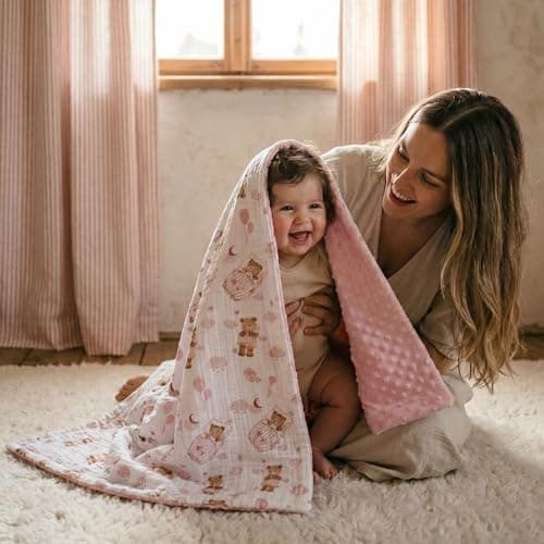 GLLQUEN BABY Blankets for Girls, Soft Muslin Cotton Front Dotted Fleece Backing, Nursery Minky Crib Blanket for Infant Toddler, 30 x 40 inches Throw Blanket, Pink Bear