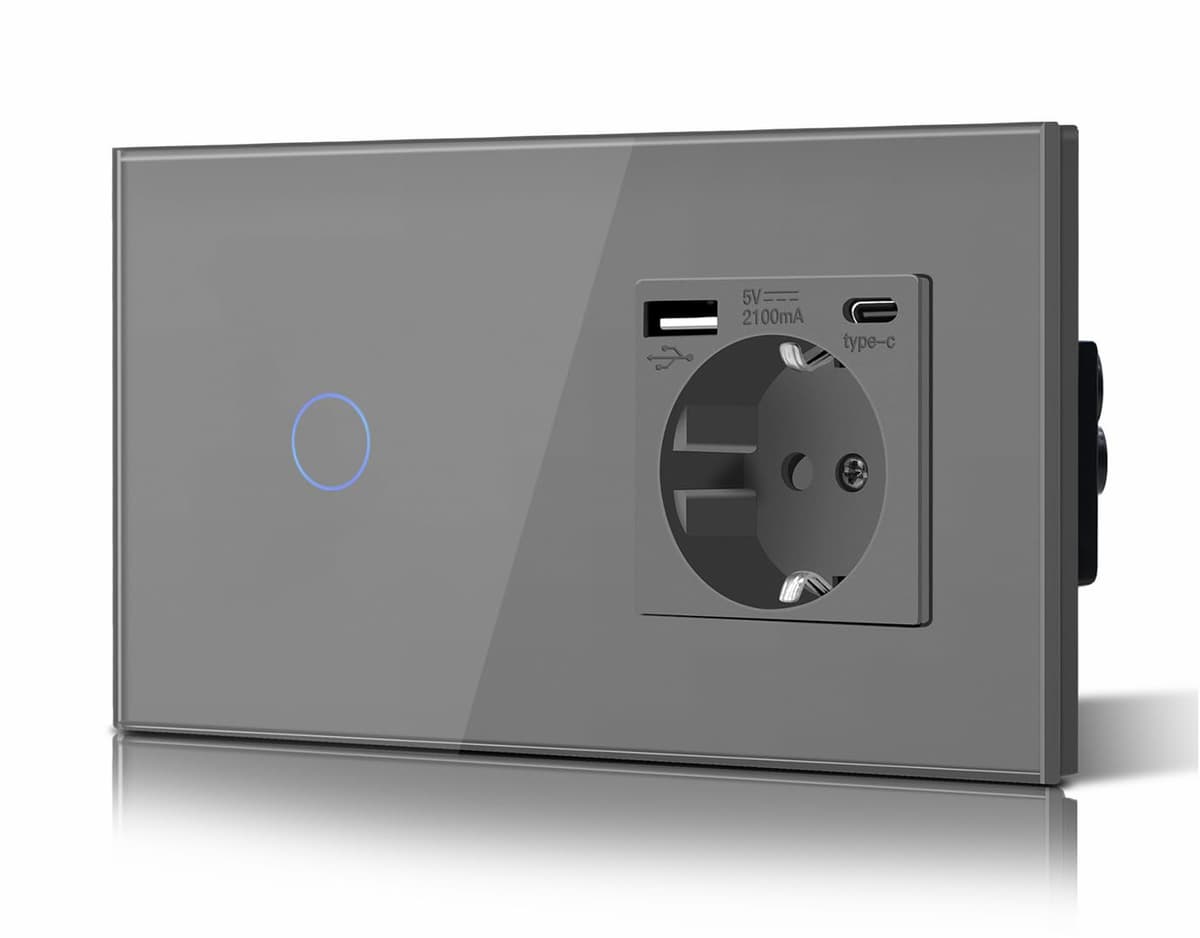 BSEED Interruptor táctil y enchufe pared,Toma de corriente con USB C,Panel de Vidrio con pulsador LED,Sin Función Wifi,1 Gang 1 Vía+1 Enchufe USB/Tipo C,157mm Gris