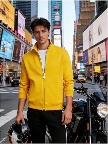 LINMYZAI Mens Zip Up Sweatshirt No Hood Mock Neck Sweatshirts Men's Fleece Jackets Full Zip Lightweight Jacket Seam Pocket, Yellow, Large — view 3