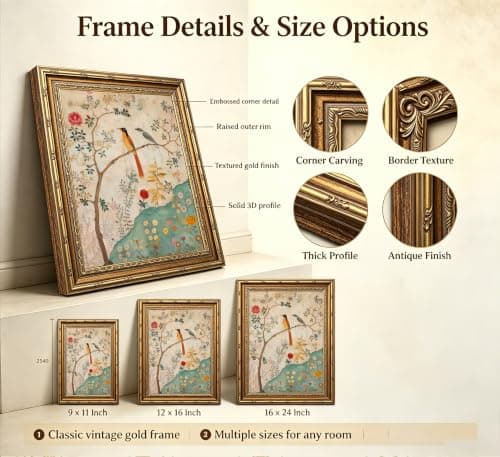 Gold Framed Vintage Plant Bird Canvas Wall Art Medieval Nature Aesthetic Flower Sparrow Painting Picture Wall Decor Colorful Birds And Flowers Poster Print Artwork for Bedroom Living Home Decoration — view 2