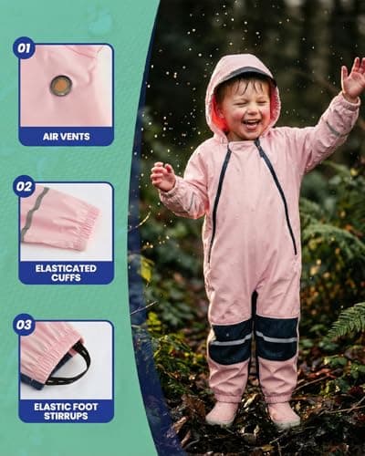 DivingBirds Kids Toddler Rain Suit Waterproof Coverall, Hooded Full-Body Raincoat for Boys & Girls, Puddlesuit with Reflective Strips for Outdoor Play,Muddy Days,Pink,5-6 Years — view 2