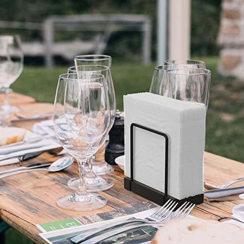 Wican Napkin Holder for Table, Bamboo Iron Standing Napkin Dispenser for Kitchen Dining Farmhouse Cocktail Picnic Bar Rustic Wood Holders for Paper Mail Bills Suitable for All Dining Room Decors Black — view 3